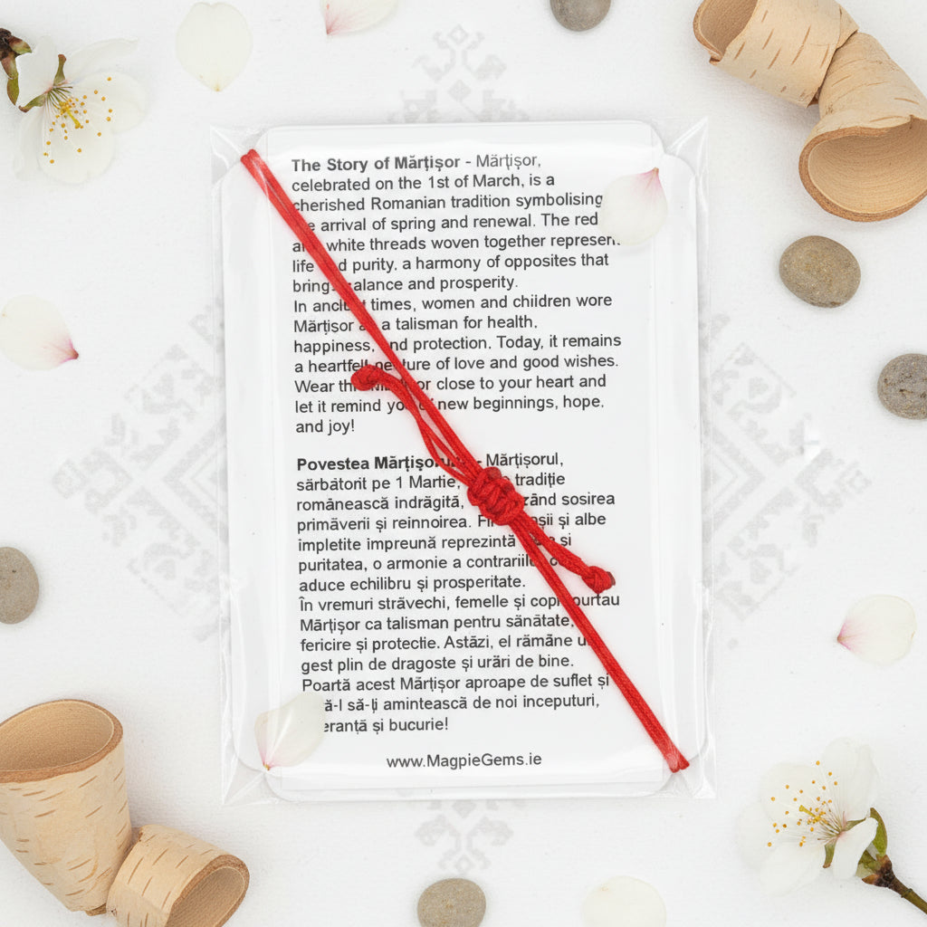 The Story of Mărțișor card in English and Romanian, included with the Whispers of Spring bracelet from Magpie Gems.