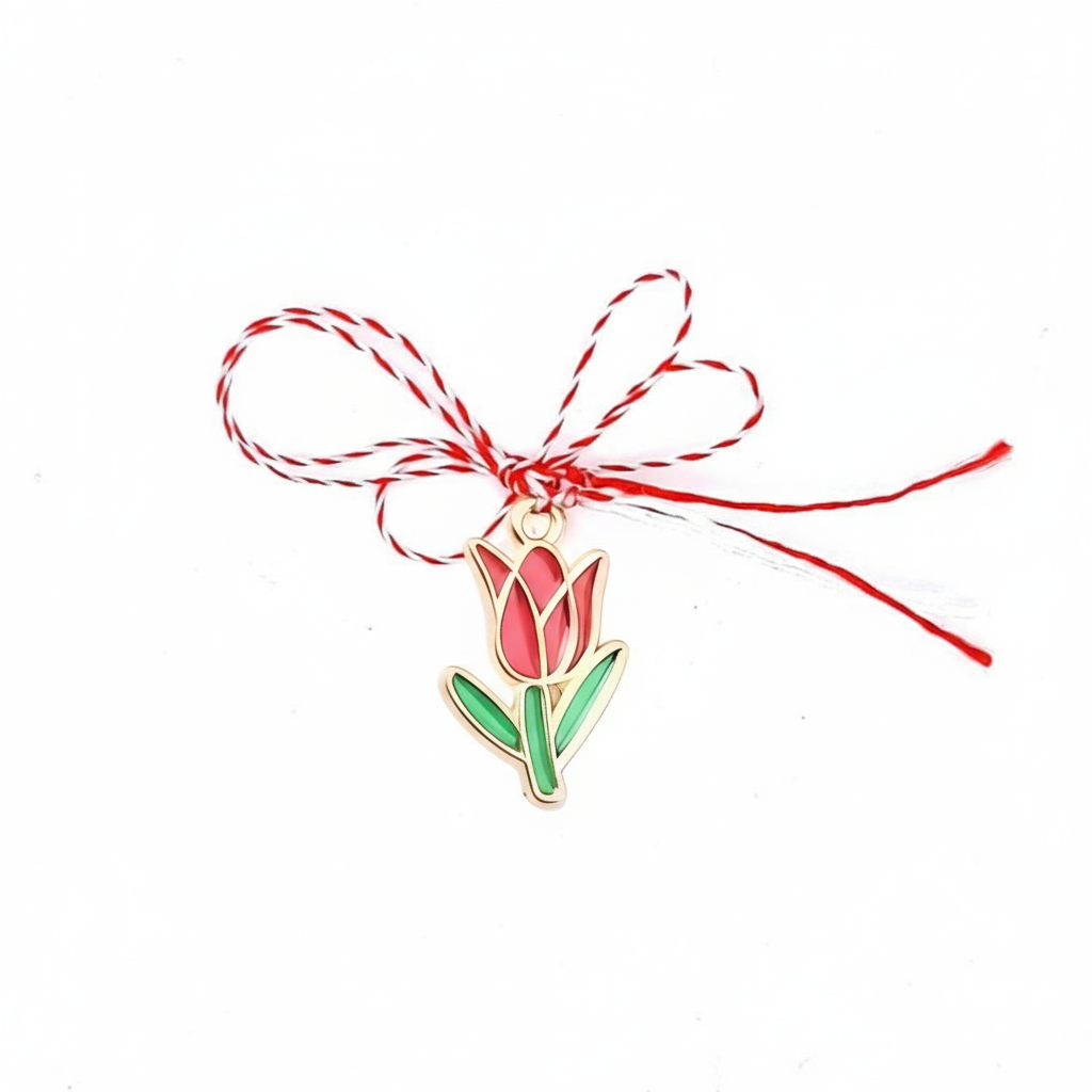 Tulip Martisor Charm Pendant on a Red and White bow with vibrant red and green enamelled tulip design and golden accents, perfect for celebrating the 1st of March traditions.