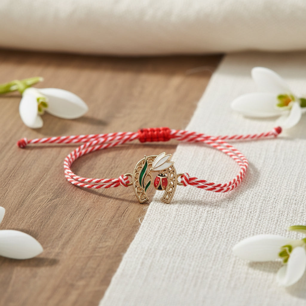 Mărțișor bracelet with gold horseshoe charm featuring snowdrop flower and ladybird on red and white cord, made by Magpie Gems in Ireland.
