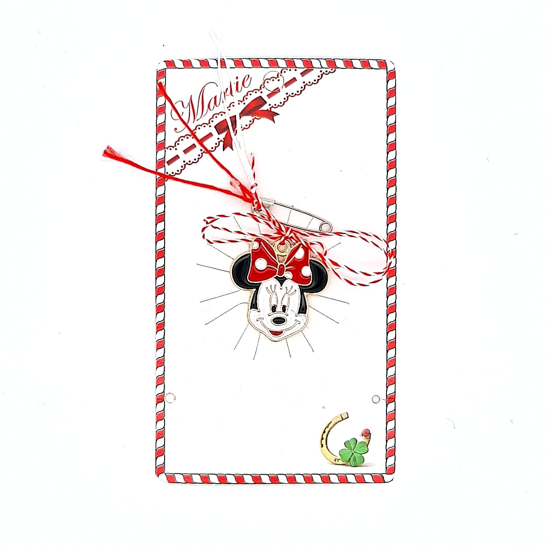 Minnie Martisor with white and red ribbon on a joyful Martisor card  and safety pin