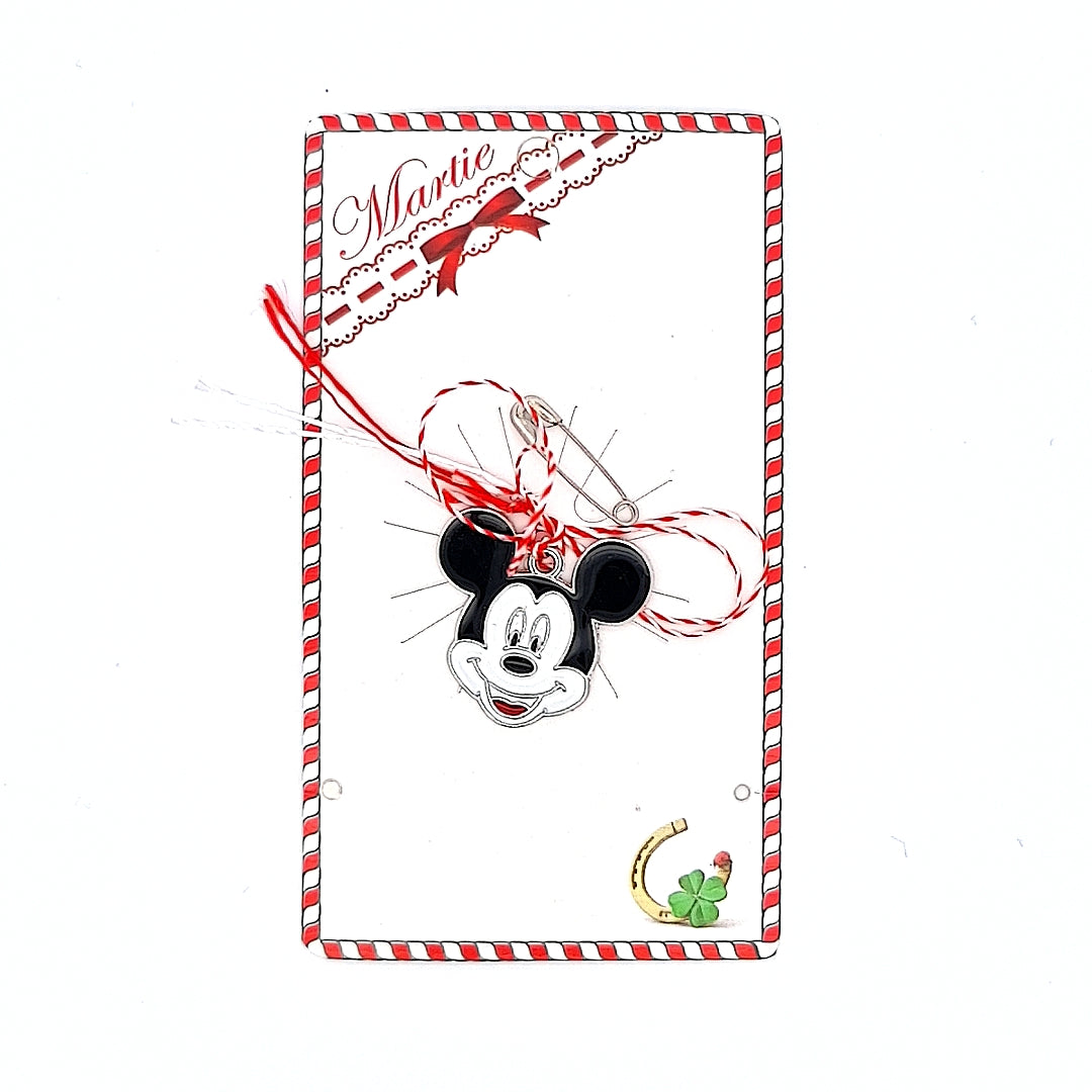 Mickey Mouse Martisor with red and  white ribbon on a joyful Martisor card  and safety pin