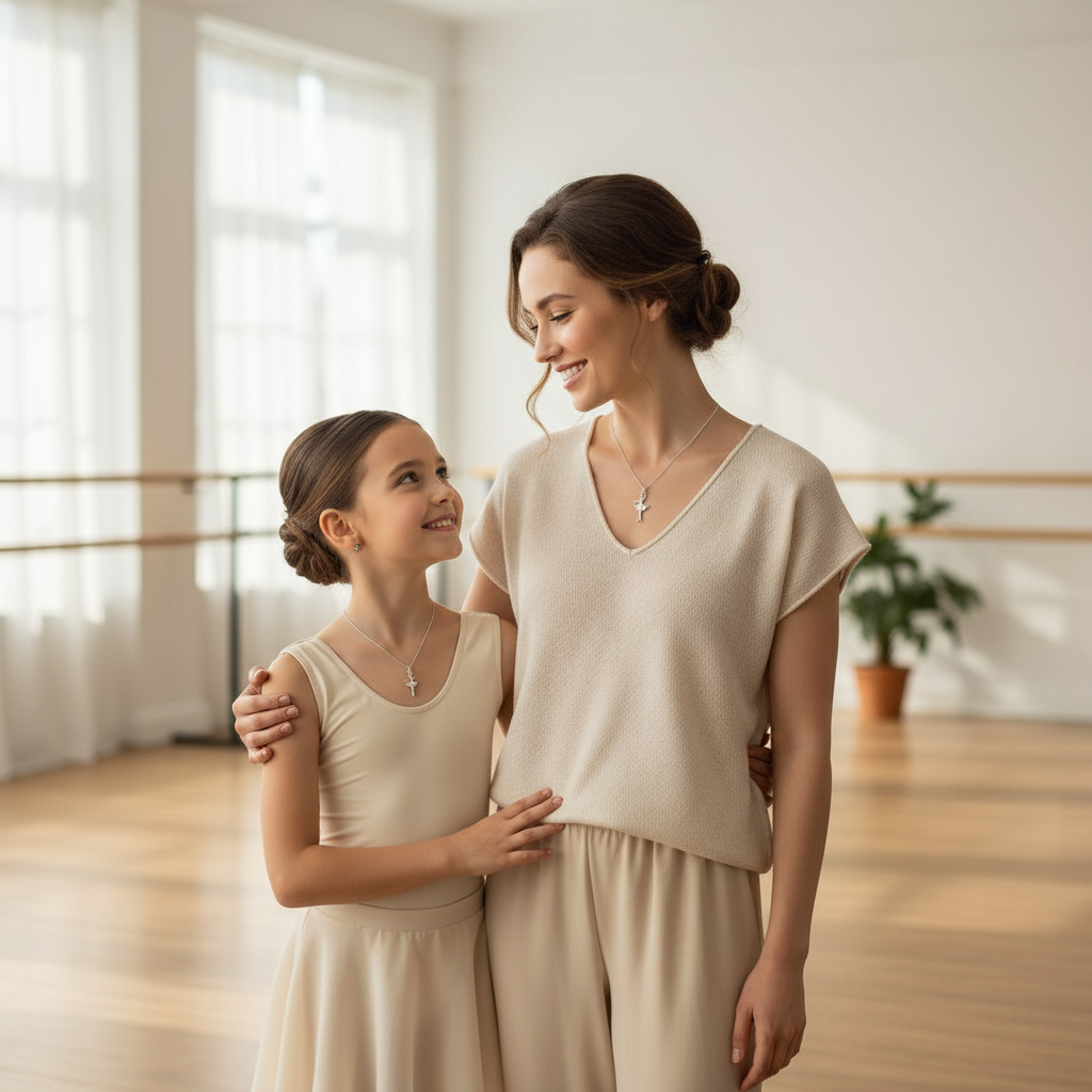 Woman and young girl in matching beige outfits standing in a bright room wearing matching dancer pendant necklaces in solid sterling silver.