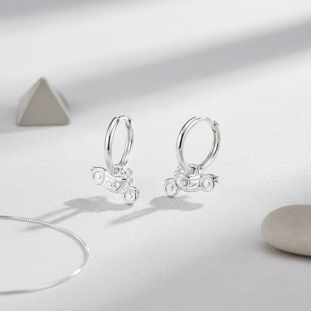 Rider's Spirit Motorcycle Charm Hoop Earrings in Sterling Silver by Magpie Gems in Ireland