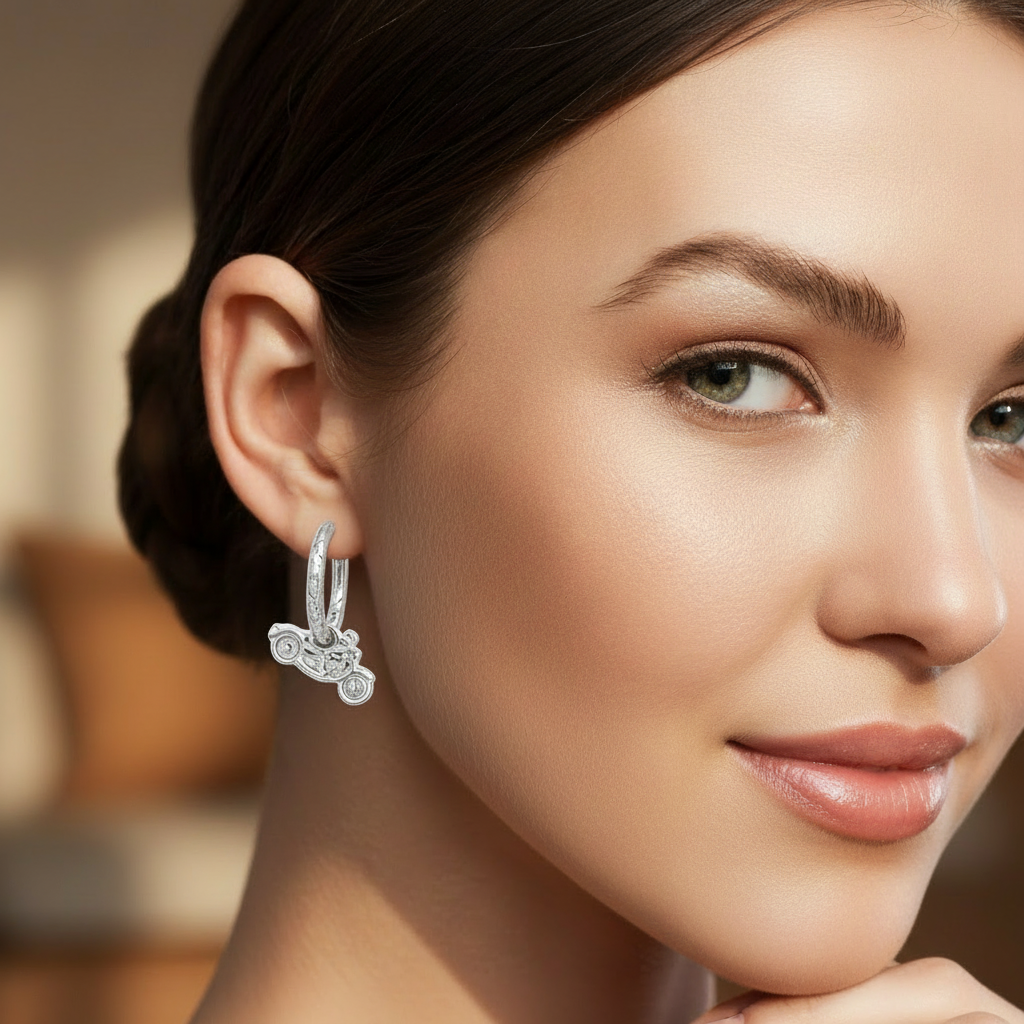 Woman Rider's Spirit Motorcycle Charm Hoop Earrings in Sterling Silver