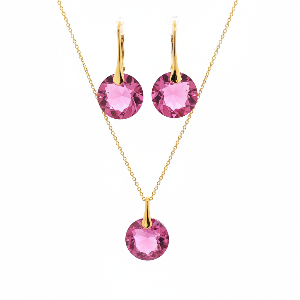24k gold-plated October birthstone jewellery set featuring 14mm Rose Austrian crystal drop earrings and pendant, handmade in Ireland by Magpie Gems.