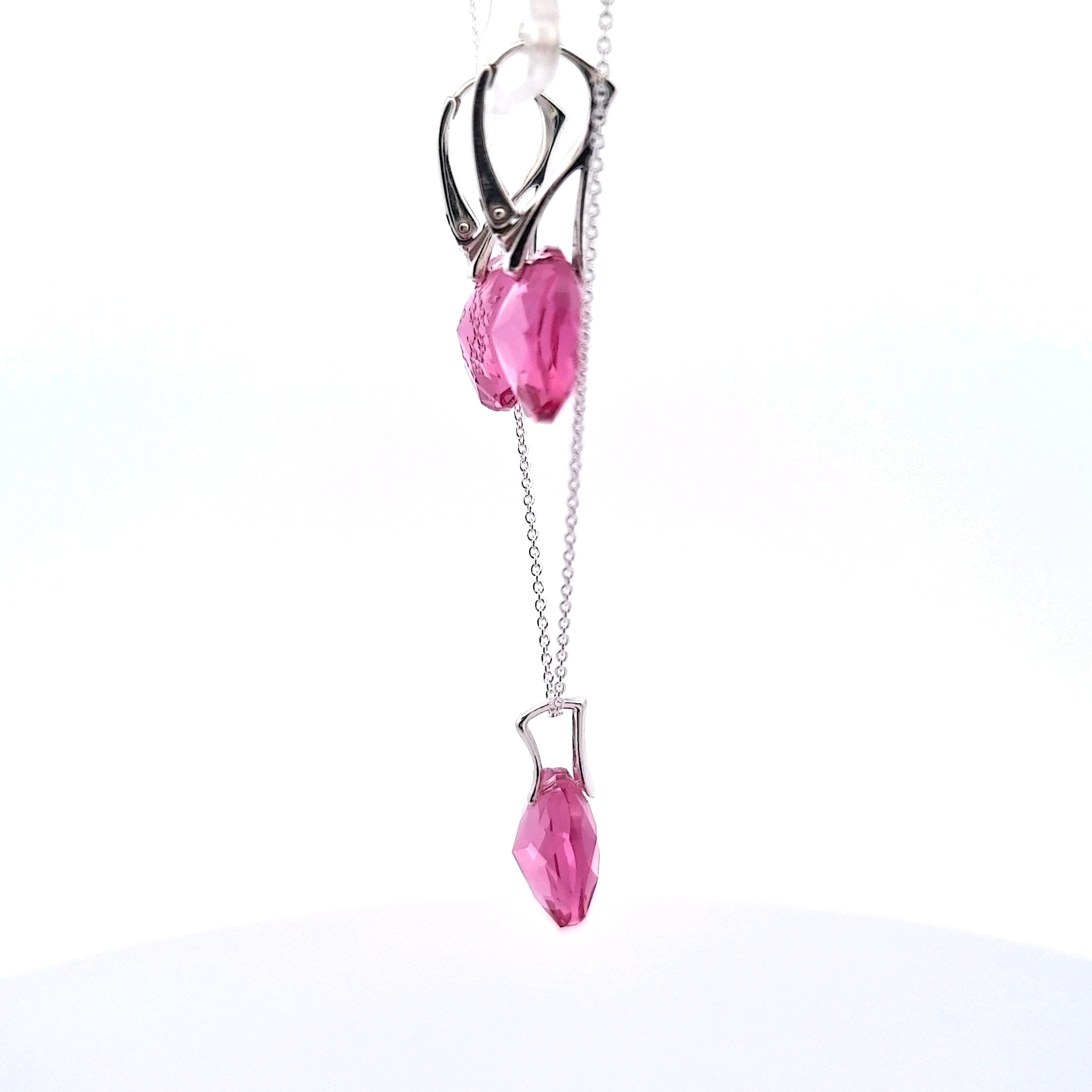 Side view of the sterling silver October birthstone jewellery set with 14mm Rose Austrian crystal drop earrings and matching pendant, handcrafted in Ireland by Magpie Gems.