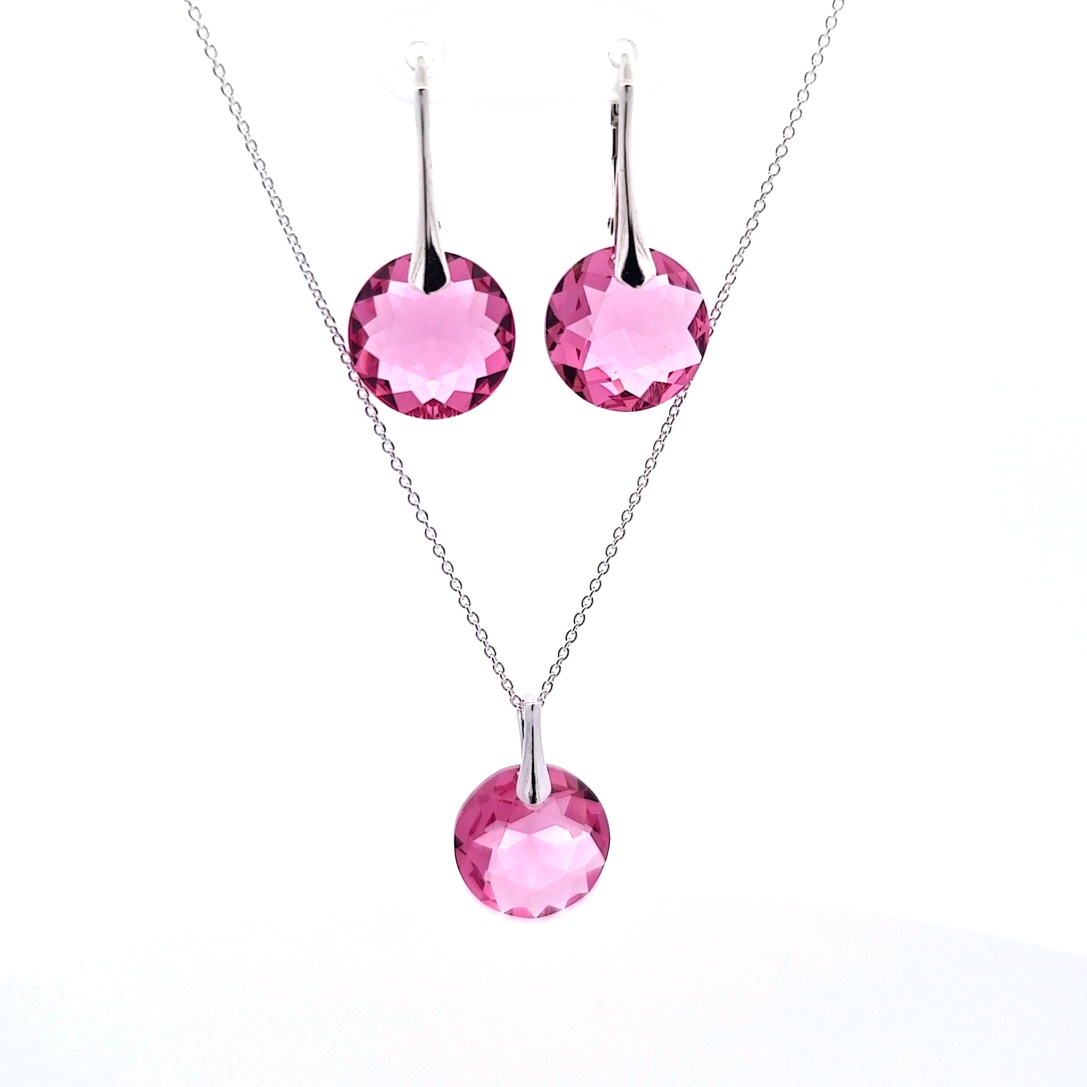 Sterling silver October birthstone jewellery set with 14mm Rose Austrian crystal drop earrings and matching pendant, handcrafted in Ireland by Magpie Gems.