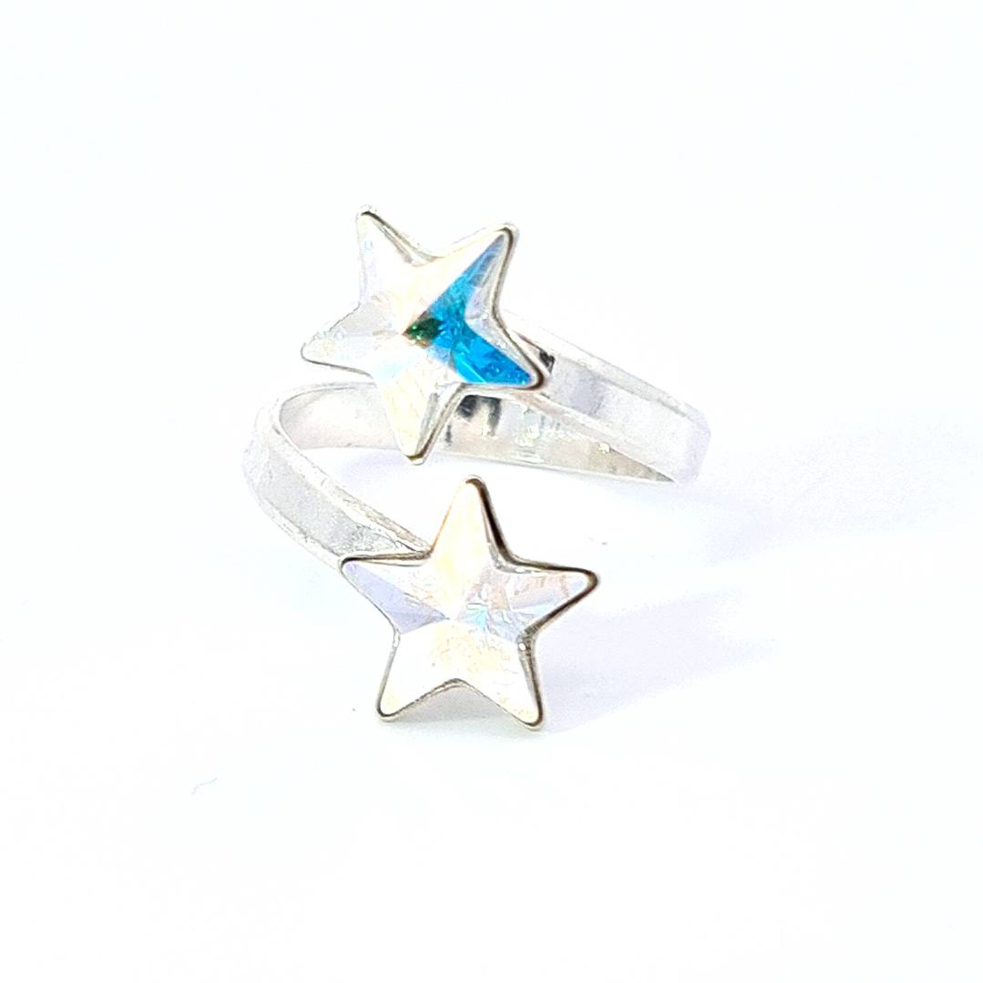 Gemini Stars Ring front view, featuring Dual 10mm Crystal AB Star Crystals in Sterling Silver - Magpie Gems Ireland