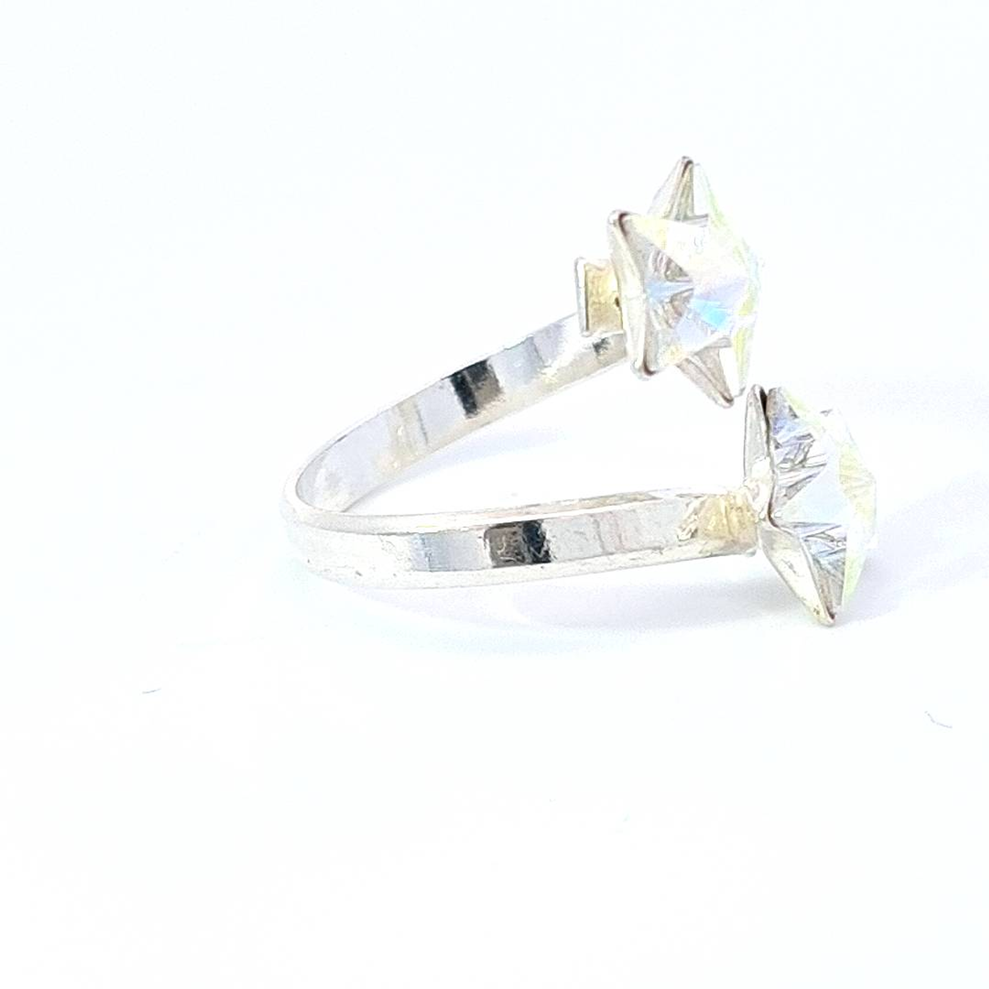 Side angle of the Gemini Stars Ring with iridescent Crystal AB Star Crystals - Magpie Gems Ireland