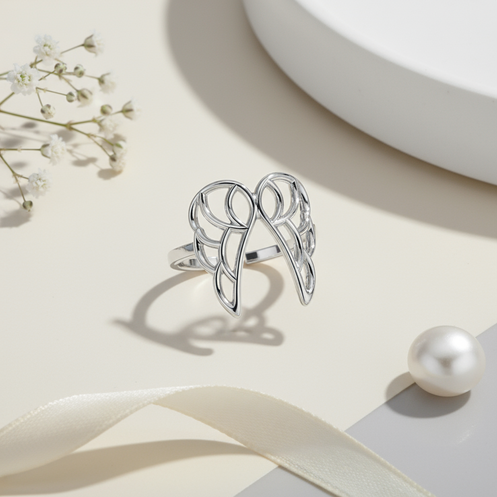 Silver ring with a angel wings design on a light background with a pearl and flowers.