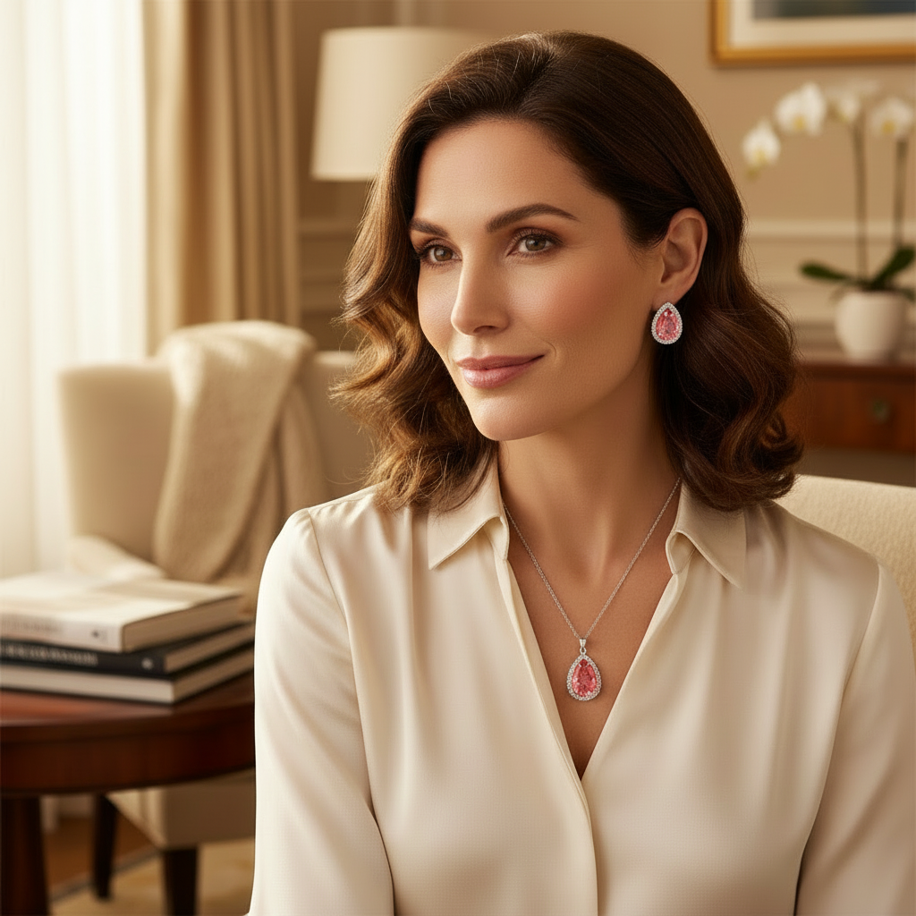 Woman wearing pear-shaped orange Delite crystal earrings and matching sterling silver pendant necklace from Magpie Gems.