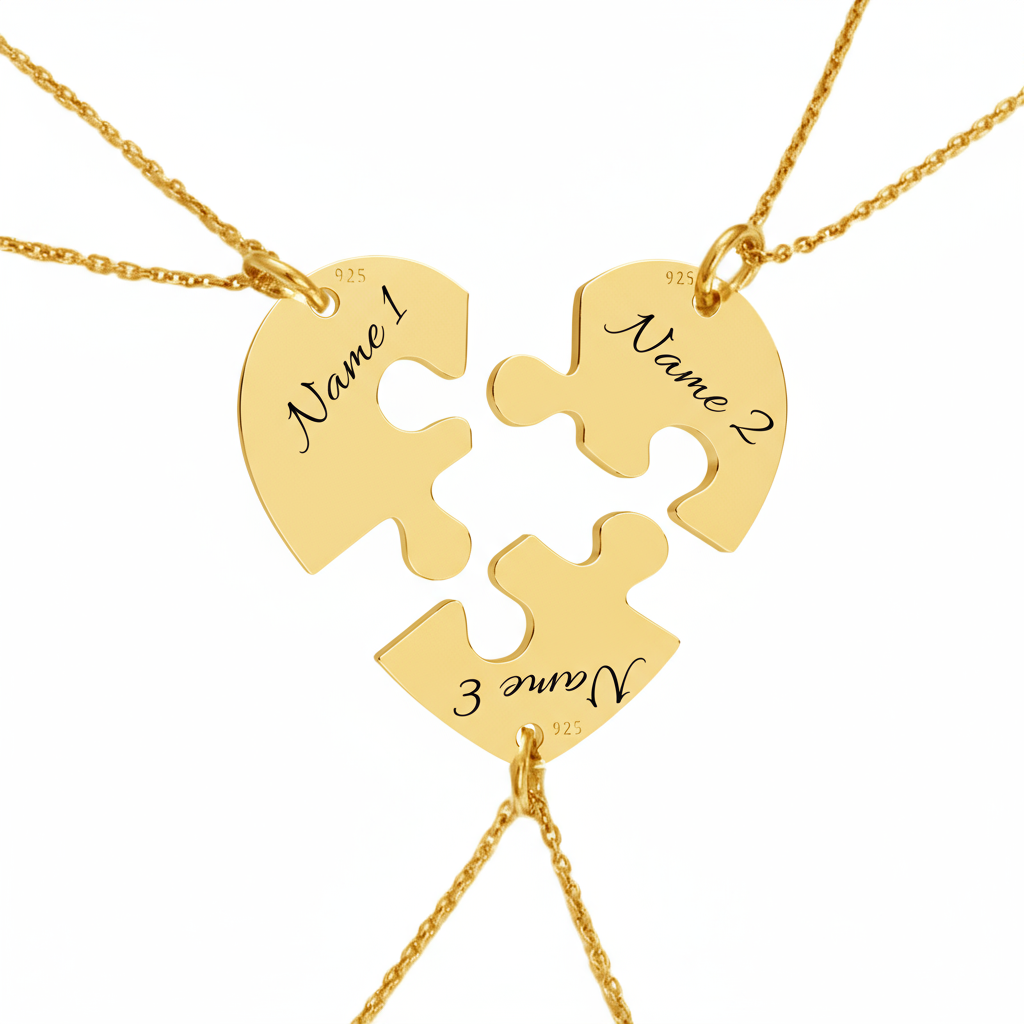 Personalised gold-plated three-piece heart puzzle necklace with engraved names in cursive font, representing family connection and love — handcrafted by Magpie Gems Ireland.