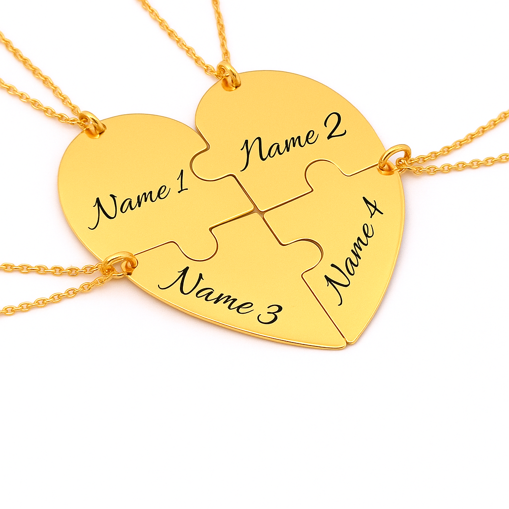 Personalised gold heart puzzle necklace with four engraved names in elegant cursive font, symbolising family connection and love — handcrafted by Magpie Gems Ireland.