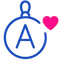 Magpie Gems icon of a circular pendant with the letter A and a pink heart, symbolising personalised and meaningful jewellery to celebrate love, family, and milestones.