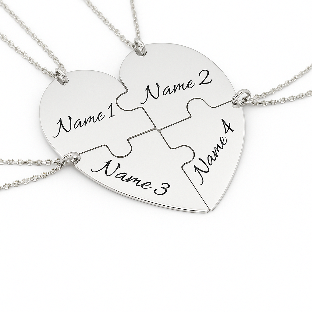 Personalised sterling silver heart puzzle necklace with four engraved names in elegant cursive font, symbolising family connection and love — handcrafted by Magpie Gems Ireland.