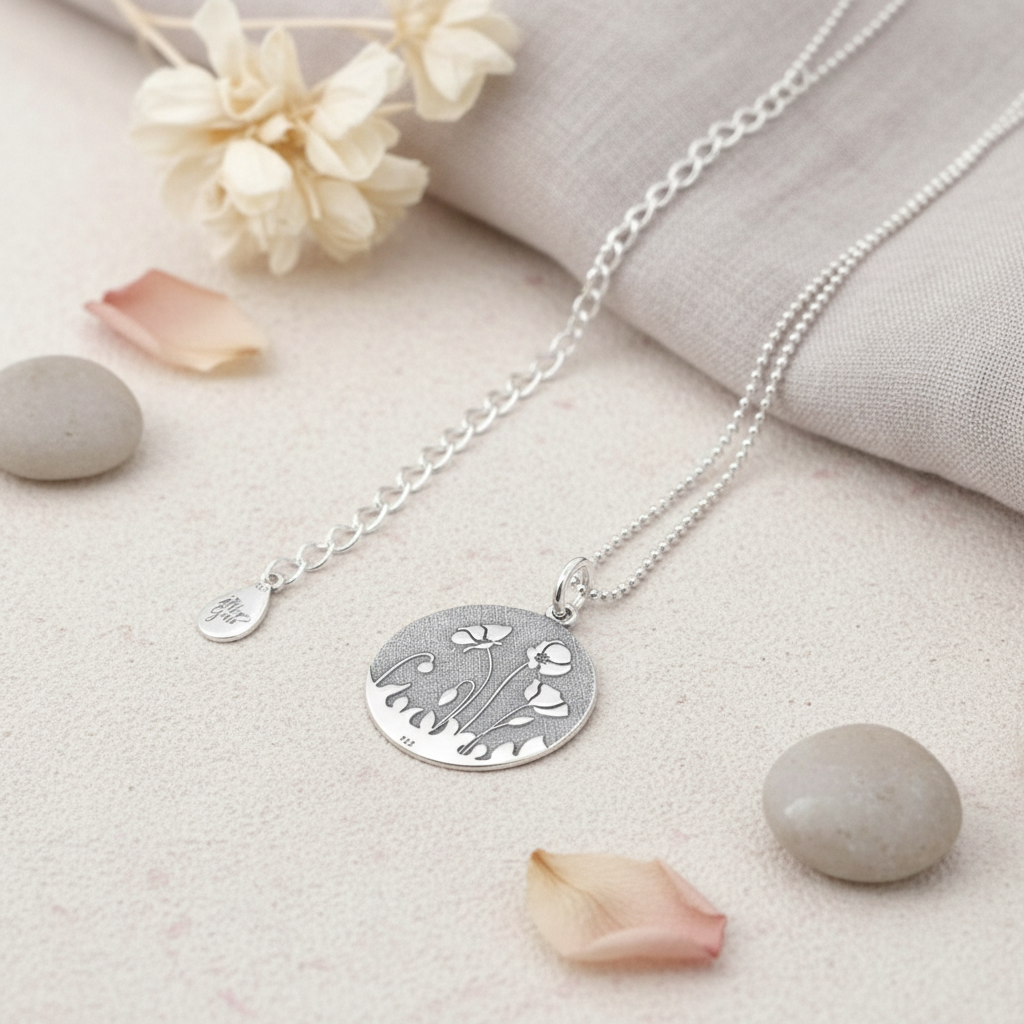Silver necklace with a round pendant with poppies on a light surface with flowers and stones.