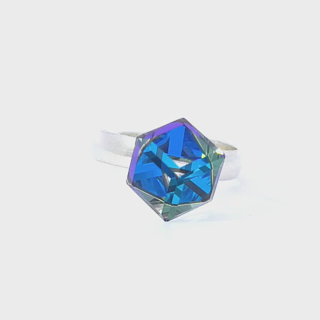Showcase Video of the GeoGlimmer Cube Ring with Bermuda Blue Crystal from Magpie Gems' Sterling Silver Collection