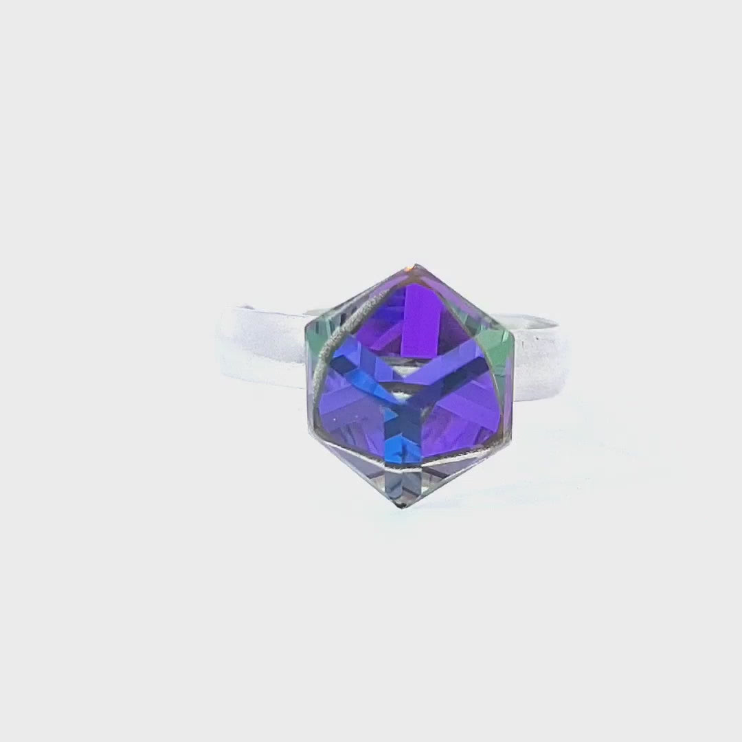 Introduction Video of Magpie Gems' GeoGlimmer Cube Ring in Sterling Silver with Heliotrope Purple Crystal