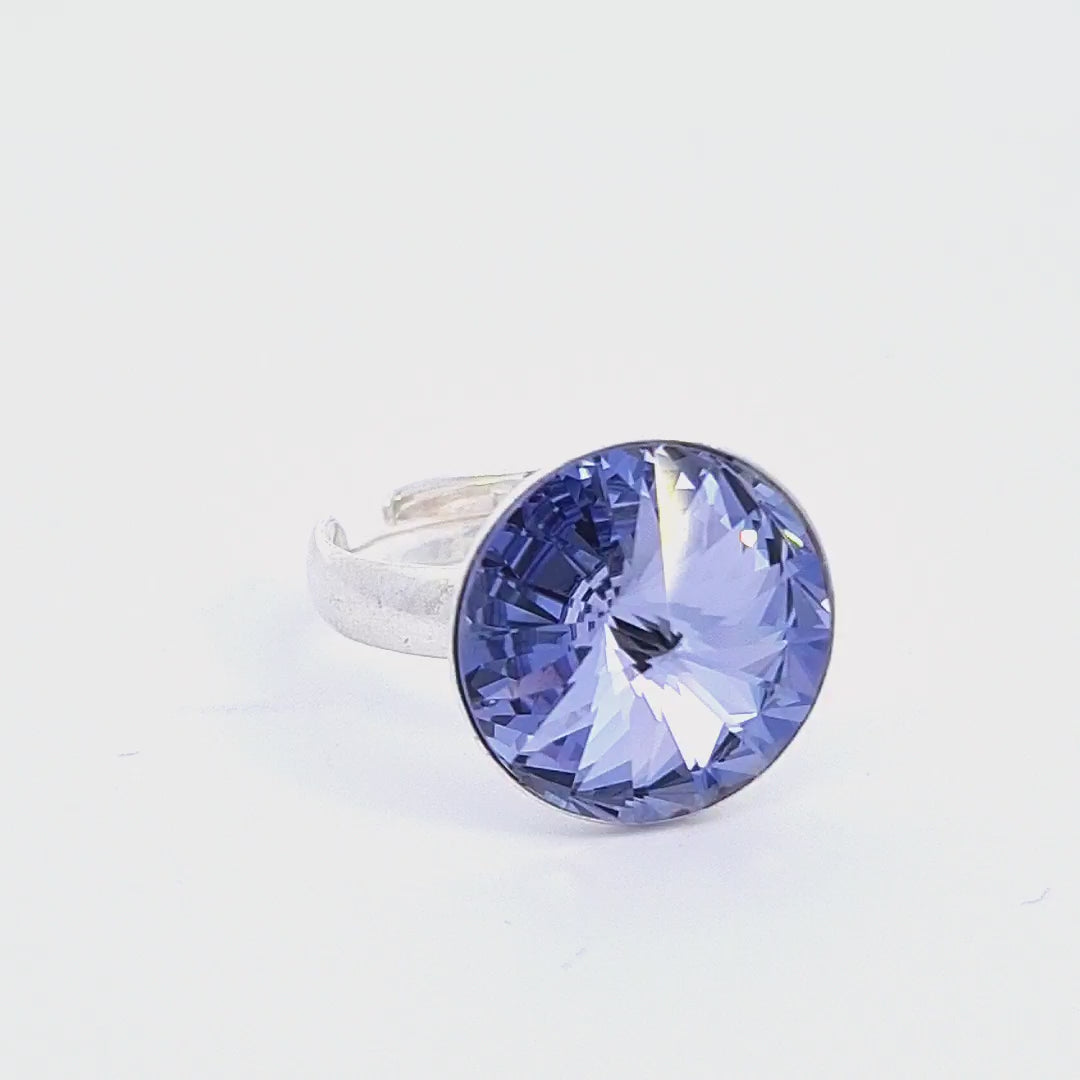 Reveal Video of Spectra Solitaire Ring in Nickel-Free Sterling Silver with Dazzling Rivoli Crystal -Tanzanite Purple - Magpie Gems Ireland
