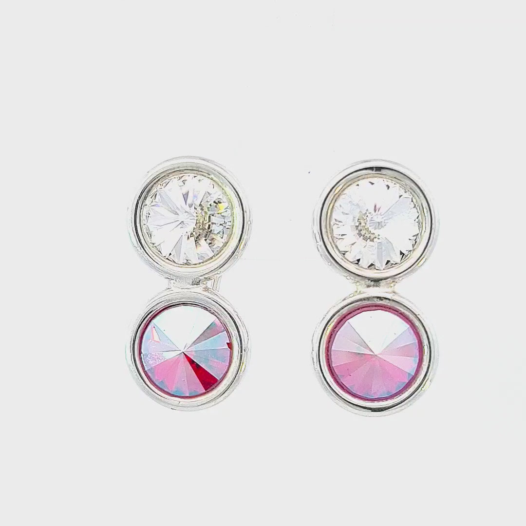 Video at 45 degrees displaying the Spectrum Radiance clip-on earrings' shimmering rivoli crystals and the elegant silver design in dynamic light.