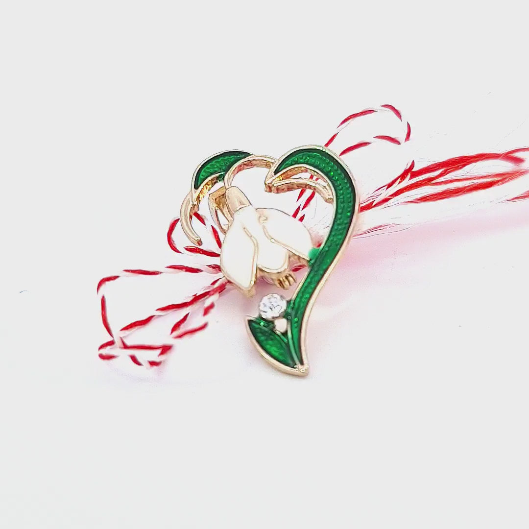 Showcase video of the Solitaire Snowdrop Martisor Brooch, focusing on the gold-plated design with enamel and rhinestone, along with the cultural narrative it celebrates.