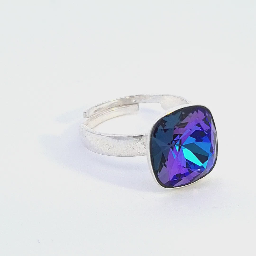 Video showcasing the Luminara Cushion Ring with Heliotrope Purple Crystal by Magpie Gems Ireland.