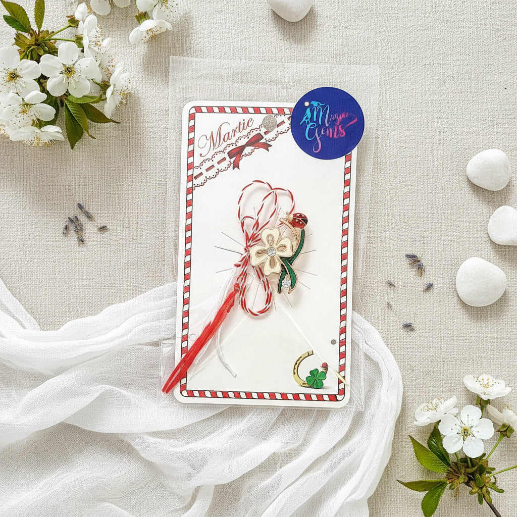 Packaged the 'Springtime Bloom' Martisor brooch presented with the red and white string, symbolising the Martisor tradition, with card and clear bag.