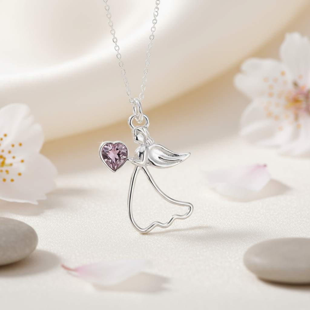 Protect My Heart - 925 Sterling Silver Angel Necklace with Personalised Birthstone