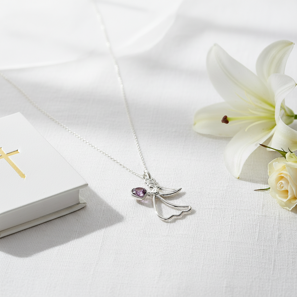 Protect My Heart - 925 Sterling Silver Angel Necklace with Personalised Birthstone