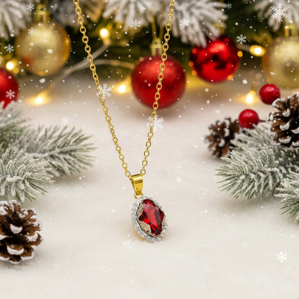 Gold-plated sterling silver necklace with an oval red crystal pendant displayed among Christmas decorations and snow-dusted branches, handcrafted by Magpie Gems in Ireland.