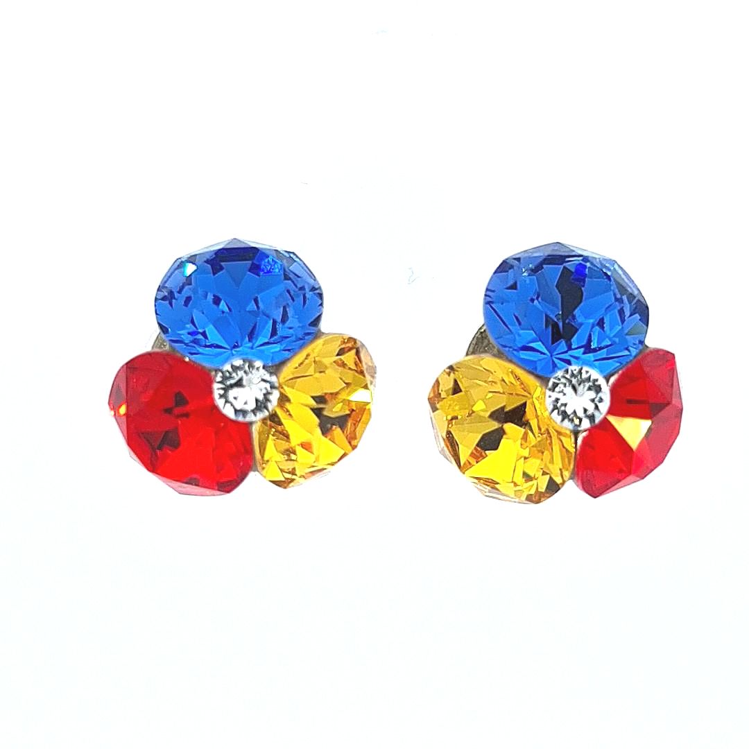 A pair of silver stud earrings with a cluster of red, yellow and blue crystals with a sparkly clear crystal in the middle, representing the Romanian flag colours.