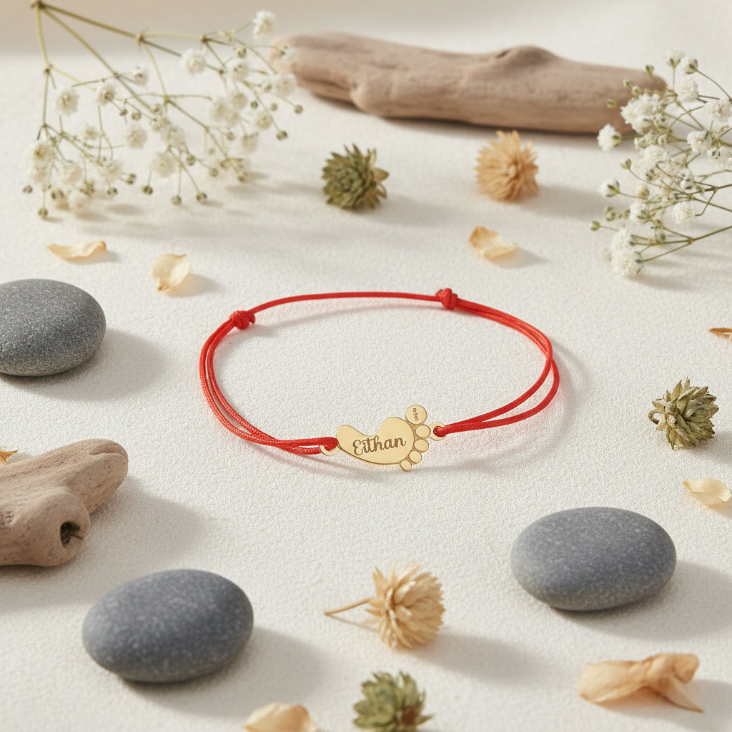 Solid Gold Baby Foot Red Cord Bracelet – Newborn Keepsake Jewellery