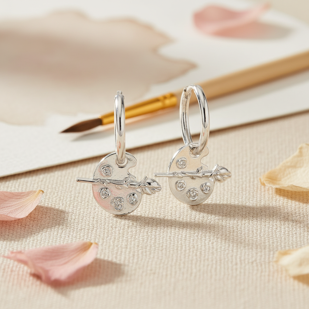 Artist's Muse Rose on Paint Palette Charm Hoop Earrings in Sterling Silver