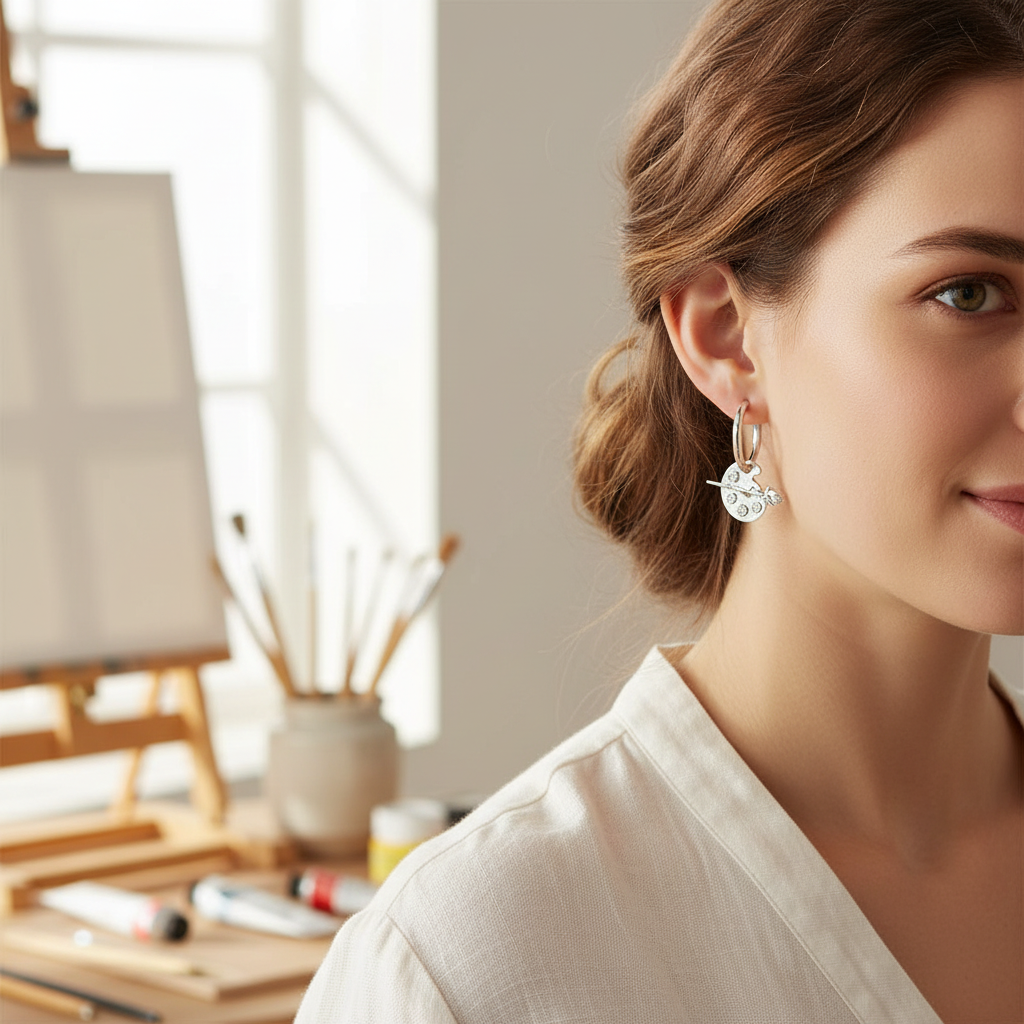 Close-up of Rose on Paint Palette Charm Hoop Earrings Side View