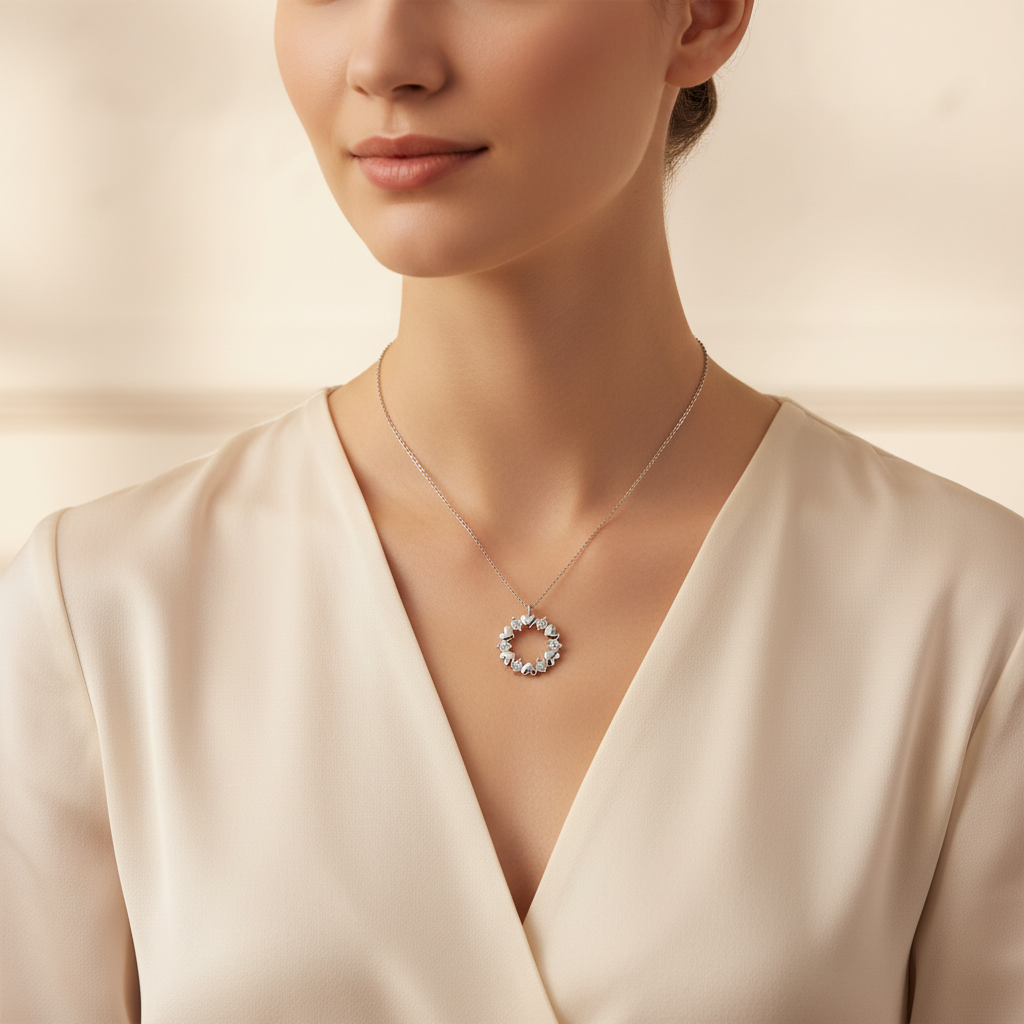 Radiant Rosette - Silver Necklace with Delicate Hearts and Crystals Pendant