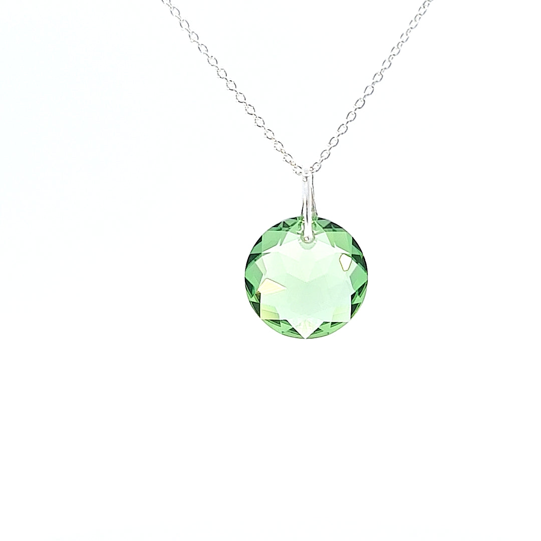 August Peridot birthstone with Fine chain and pendant back view, marked 925 for authenticity.