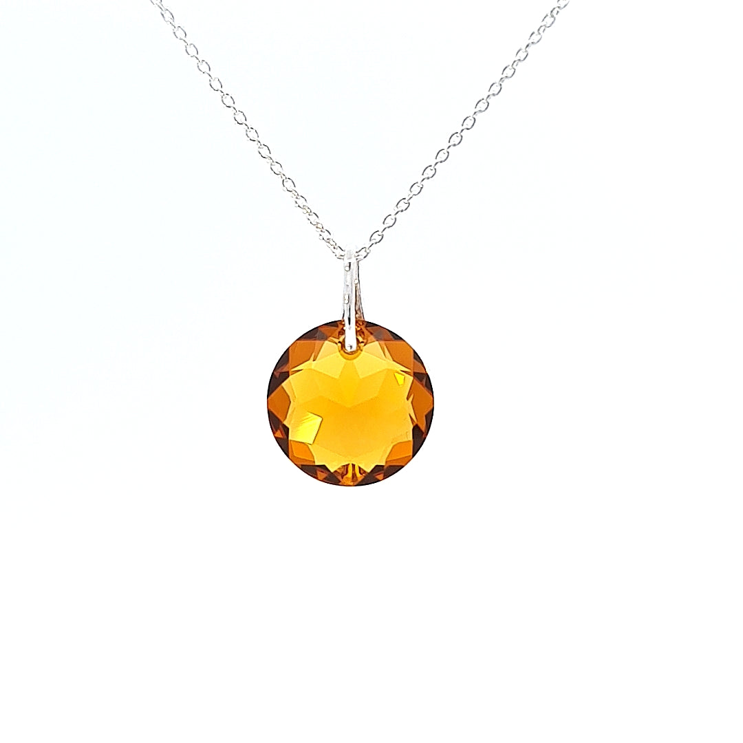 November Topaz birthstone and fine chain and pendant back view, marked 925 for authenticity.