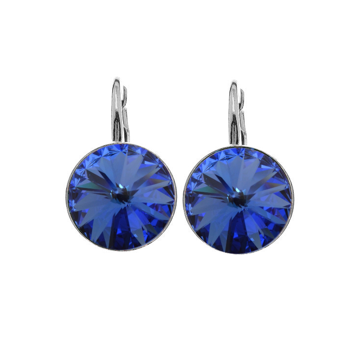 Handcrafted Magpie Gems Sterling Silver Rivoli Crystal Leverback Earrings in Sapphire Blue