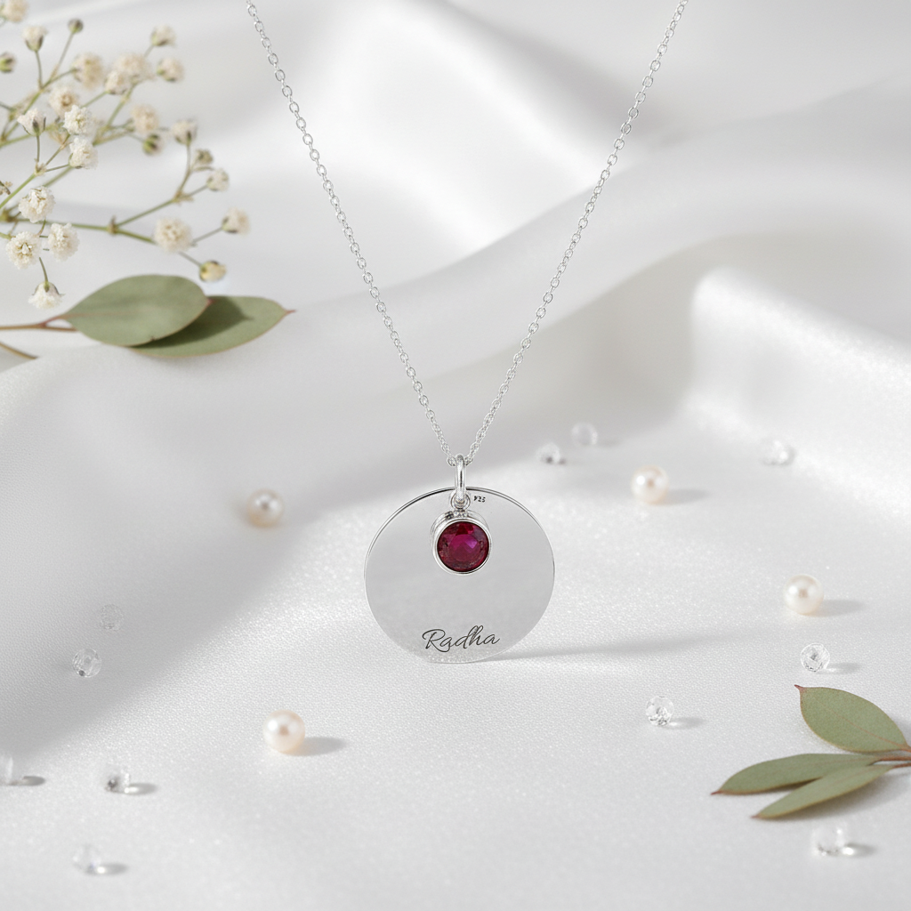 Personalised Birthstone Disc Necklace in Sterling Silver with Birthstones