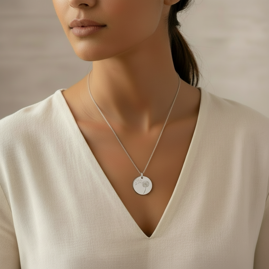 Woman wearing a silver necklace with a circular pendant with a dandelion engraved on it, made by Magpie Gems in Ireland