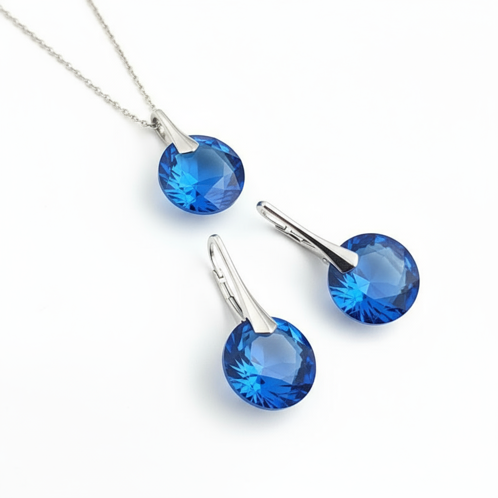 September birthstone jewellery set with Sapphire blue 14mm Austrian crystal necklace and leverback earrings in sterling silver by Magpie Gems.
