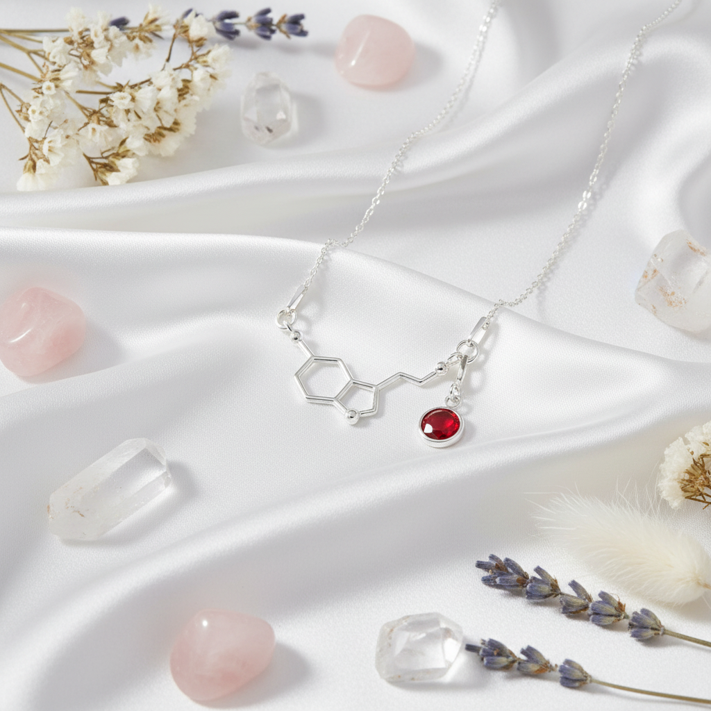 Be Happy is a serotonin formula molecule pendant necklace in sterling silver with a july birthstone made in Ireland. 