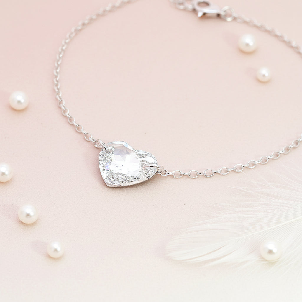 Close-up of Crystal Heart Link on Sterling Silver Anklet for Women with a Clear Crystal Heart