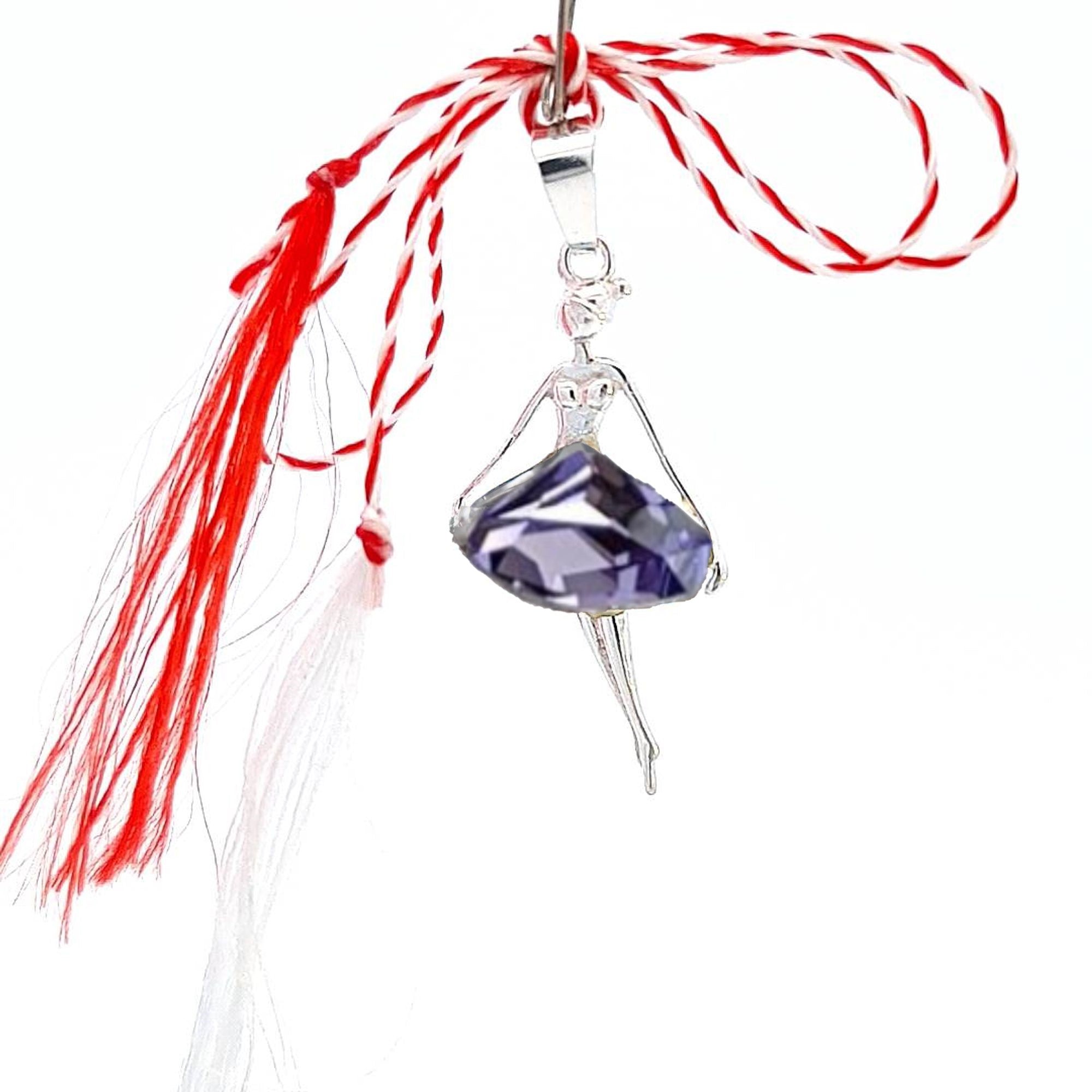 Close-up of the Graceful Rhapsody Ballerina Mărțișor Pendant with a tanzanite purple crystal skirt, showcasing the intricate detail and craftsmanship.