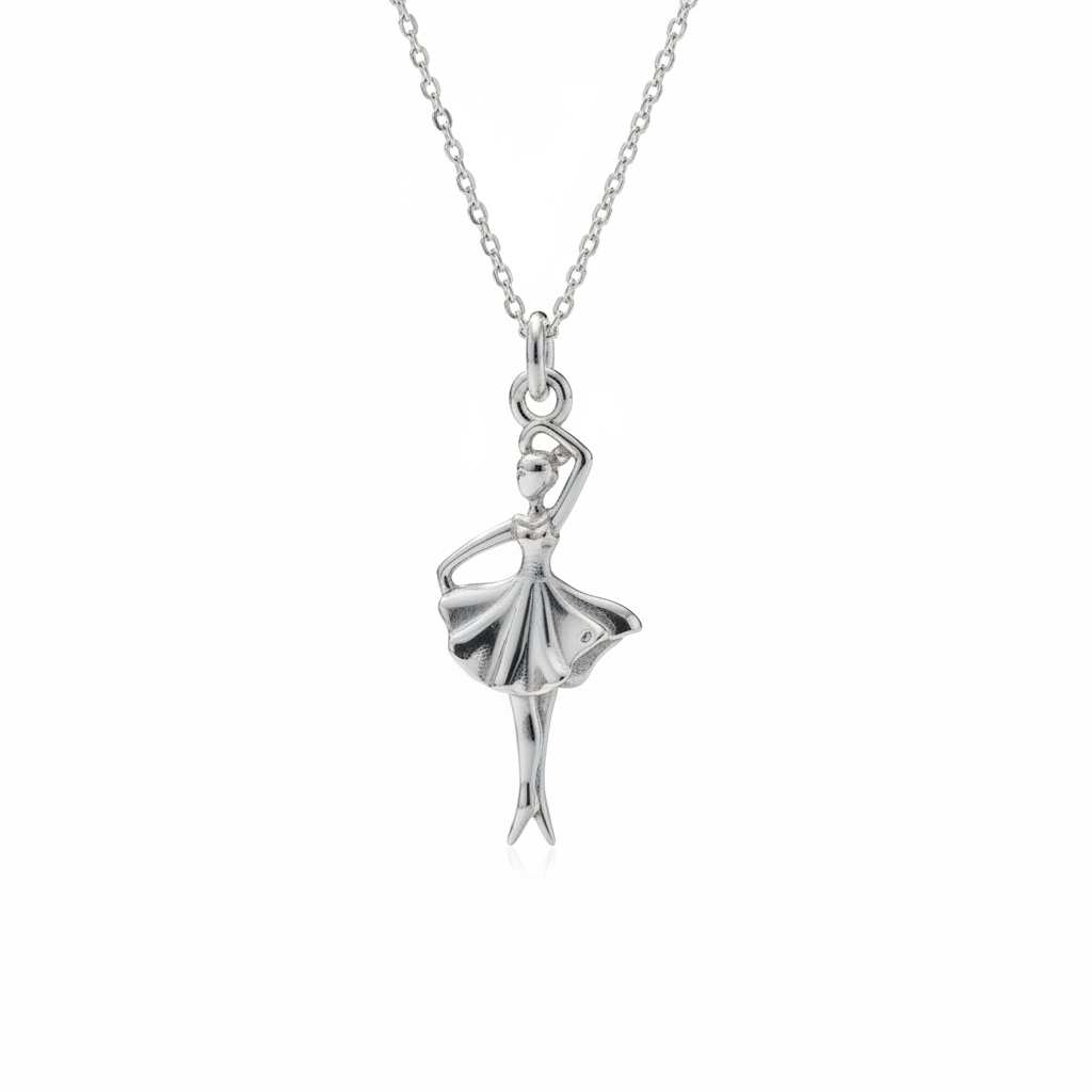 Silver ballerina pendant on a chain against a white background