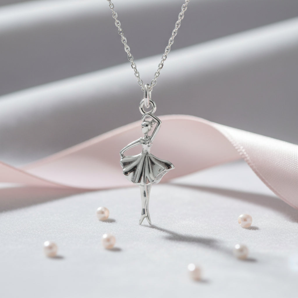 Close-up of Magpie Gems Silver Ballet Dancer Pendant Necklace showing detailed craftsmanship.