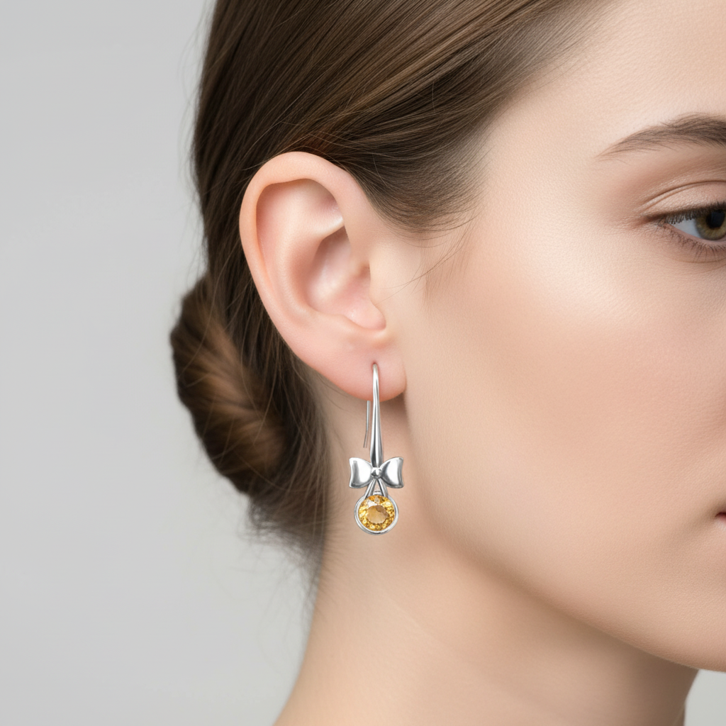 Silver Bow and Birthstone Drop Earrings