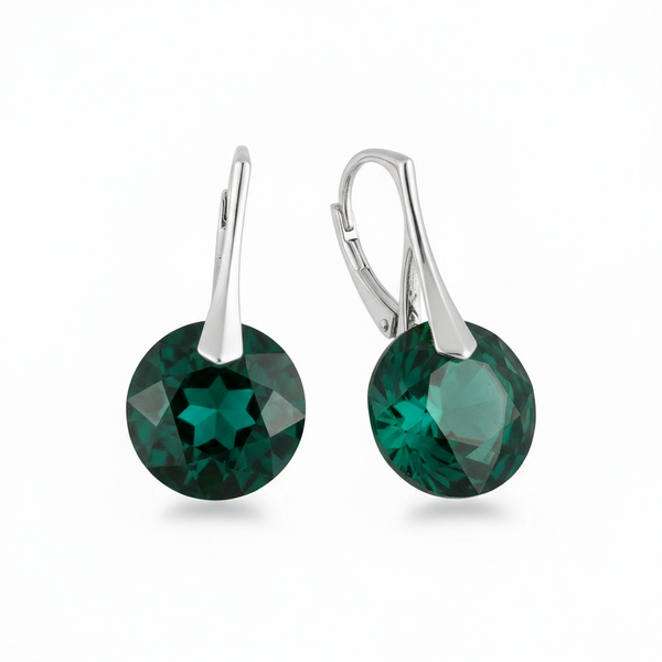 Sterling silver Emerald green 14mm Austrian crystal leverback earrings for May Taurus birthstone by Magpie Gems.