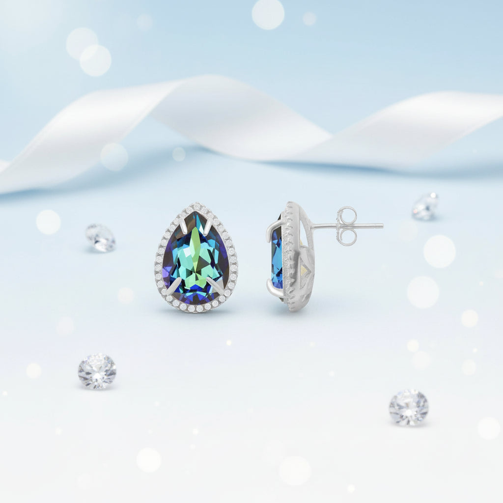 Dazzling PearLarge Silver Stud Earrings in Sterling Silver with Bermuda Blue Crystals