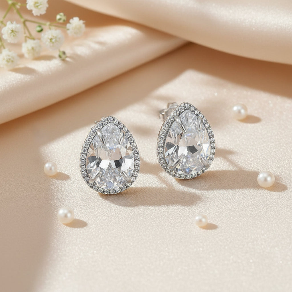 Dazzling PearLarge Silver Stud Earrings in Sterling Silver with Crystal Clear